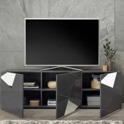 Mobile porta TV 181x57h cm grigio lucido specchio con serigrafia Olimpo