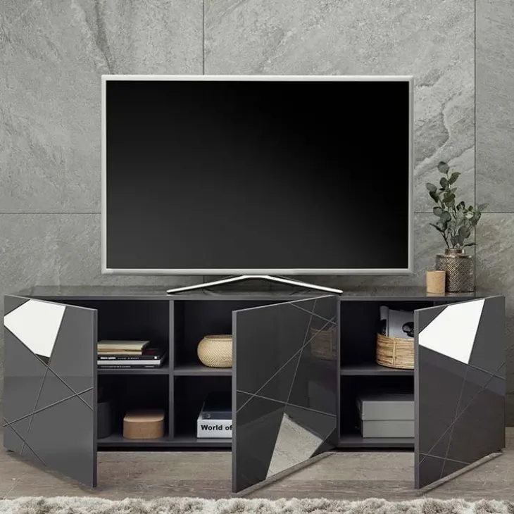 Mobile porta TV 181x57h cm grigio lucido specchio con serigrafia Olimpo
