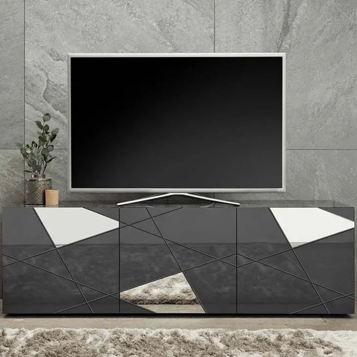 Mobile porta TV 181x57h cm grigio lucido specchio con serigrafia Olimpo