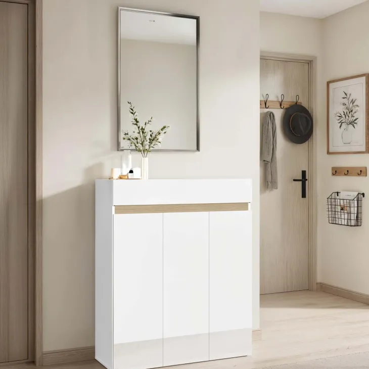 Mobile scarpiera multiuso ingresso 94x114h cm 3 ante 1 cassetto bianco lucido top rovere Noren