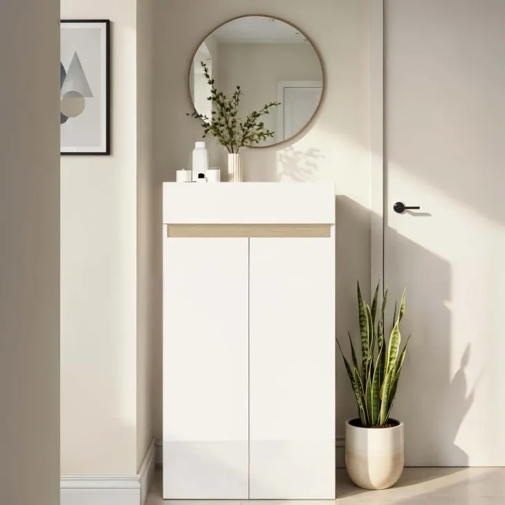 Mobile scarpiera multiuso ingresso 63x114h cm 2 ante 1 cassetto bianco lucido top rovere Noren