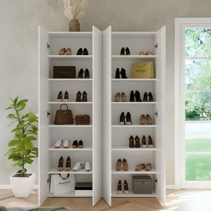 Mobile scarpiera multiuso ingresso 126x186h cm 4 ante bianco lucido Roks