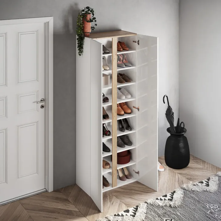 Mobile scarpiera multiuso ingresso 70x185h cm 2 ante 1 anta a specchio bianco lucido rovere Welky