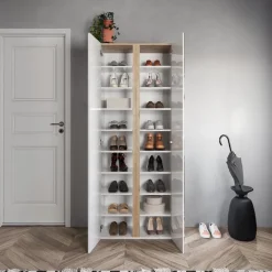Mobile scarpiera multiuso ingresso 70x185h cm 2 ante 1 anta a specchio bianco lucido rovere Welky