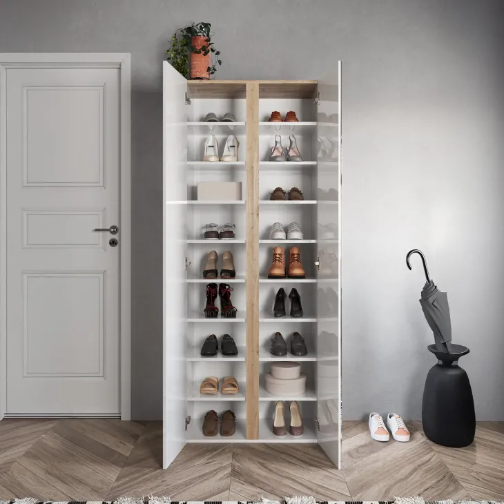 Mobile scarpiera multiuso ingresso 70x185h cm 2 ante 1 anta a specchio bianco lucido rovere Welky