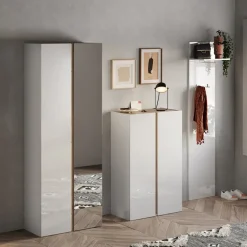 Mobile scarpiera multiuso ingresso 70x185h cm 2 ante 1 anta a specchio bianco lucido rovere Welky