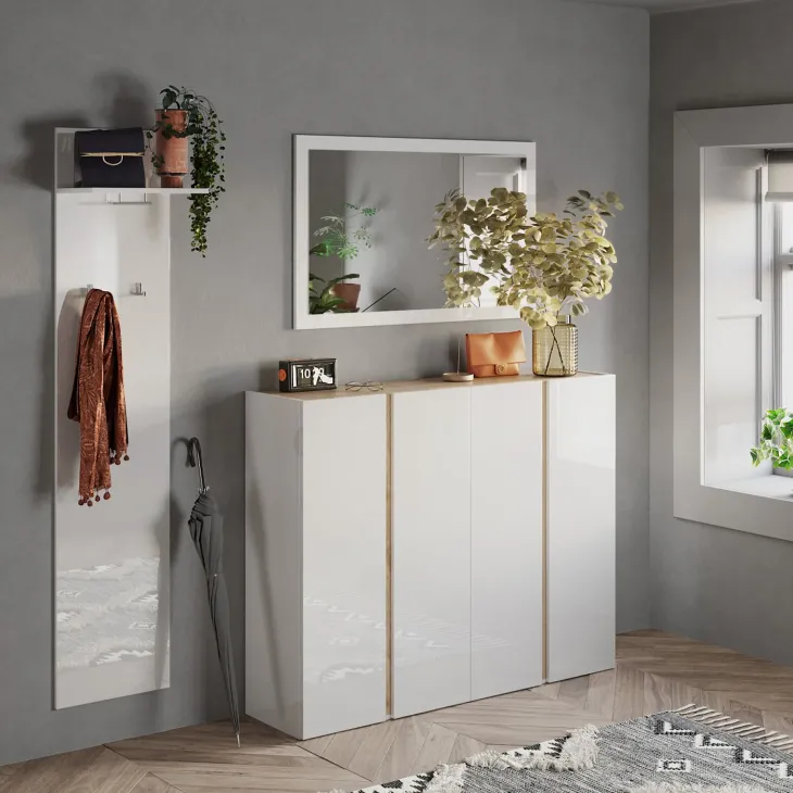 Mobile scarpiera multiuso ingresso 140x111h cm 4 ante bianco lucido rovere Welky