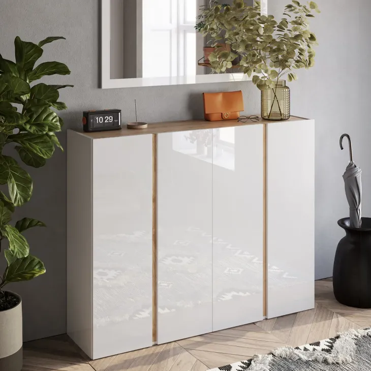 Mobile scarpiera multiuso ingresso 140x111h cm 4 ante bianco lucido rovere Welky