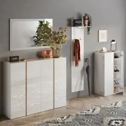 Mobile scarpiera multiuso ingresso 70x111h cm 2 ante bianco lucido rovere Welky