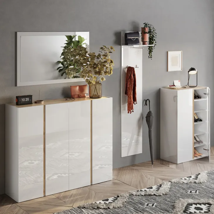Mobile scarpiera multiuso ingresso 70x111h cm 2 ante bianco lucido rovere Welky
