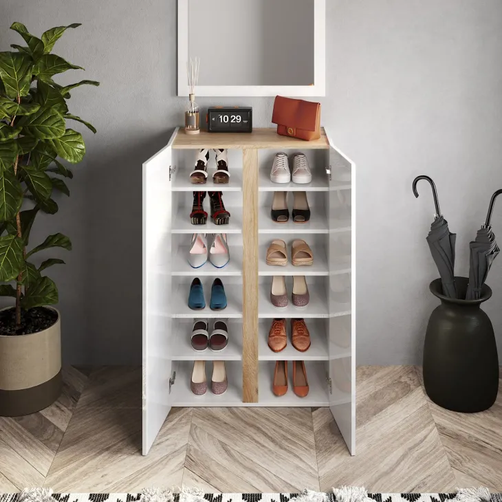 Mobile scarpiera multiuso ingresso 70x111h cm 2 ante bianco lucido rovere Welky
