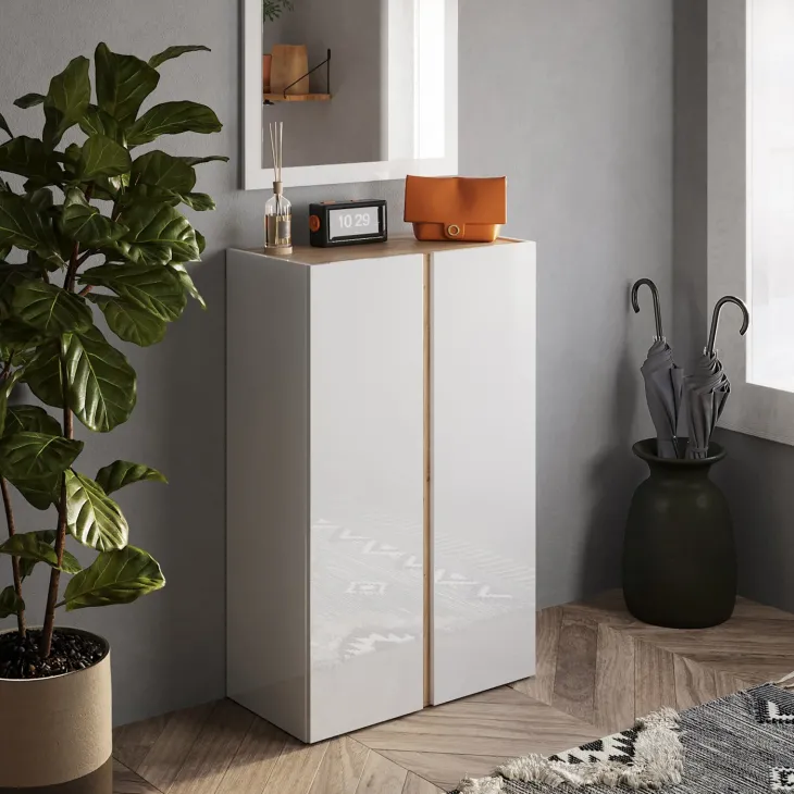 Mobile scarpiera multiuso ingresso 70x111h cm 2 ante bianco lucido rovere Welky
