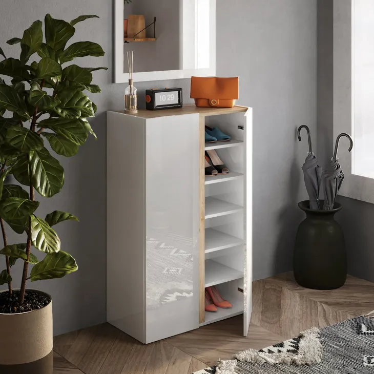 Mobile scarpiera multiuso ingresso 70x111h cm 2 ante bianco lucido rovere Welky