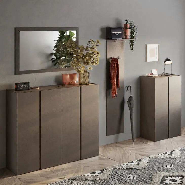 Mobile scarpiera multiuso ingresso 140x111h cm 4 ante marrone bronzo rovere scuro Welky