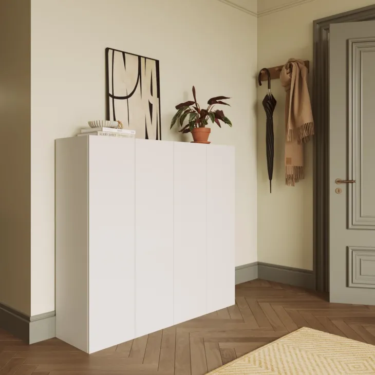 Mobile scarpiera multiuso ingresso 124x113h cm 4 ante bianco lucido Roks