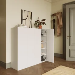 Mobile scarpiera multiuso ingresso 124x113h cm 4 ante bianco lucido Roks