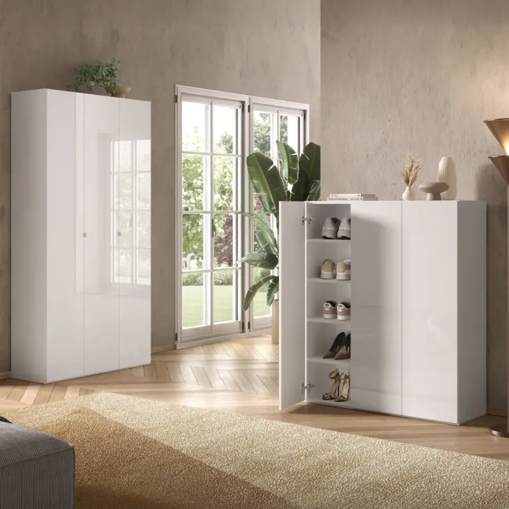 Mobile scarpiera multiuso ingresso 95x186h cm 3 ante bianco lucido Roks