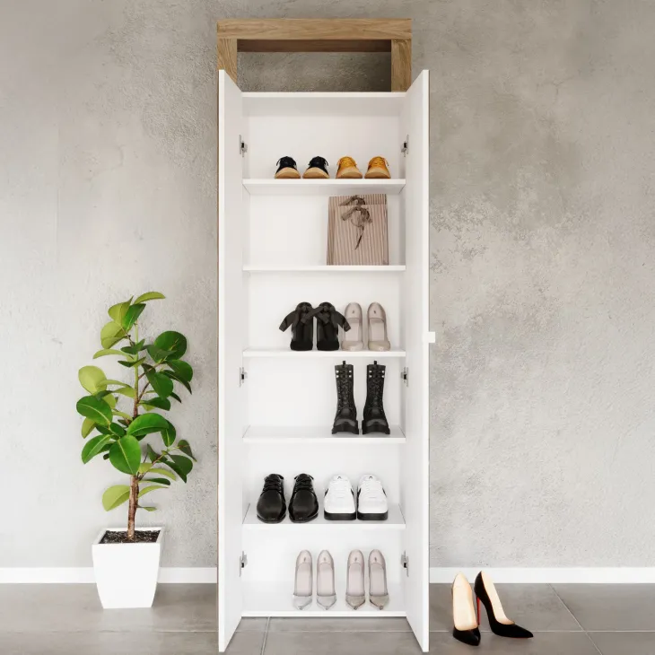 Mobile scarpiera multiuso ingresso 64x195h cm 2 ante a specchio bianco lucido rovere Invictus