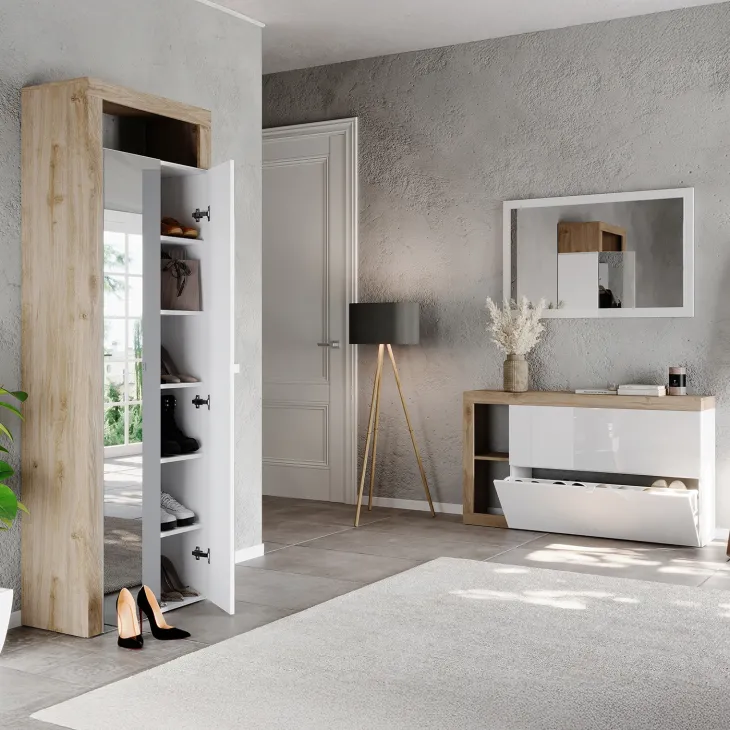 Mobile scarpiera multiuso ingresso 64x195h cm 2 ante a specchio bianco lucido rovere Invictus