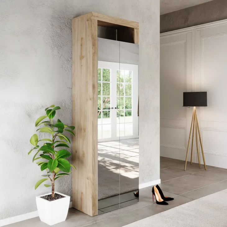 Mobile scarpiera multiuso ingresso 64x195h cm 2 ante a specchio bianco lucido rovere Invictus