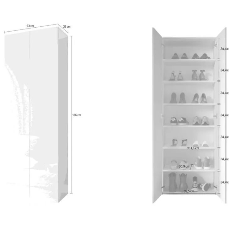 Mobile scarpiera multiuso ingresso 63x186h cm 2 ante a specchio bianco lucido Roks