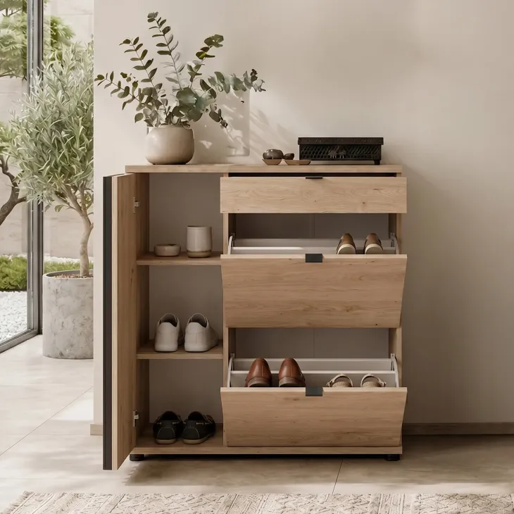 Mobile scarpiera multiuso 90x95h cm 3 ante 1 cassetto cannettato rovere nero Berlino