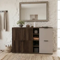 Mobile scarpiera 130x81h cm 2 ante 2 ribalte e vani a giorno tortora noce Raymonda