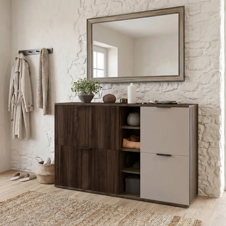 Mobile scarpiera 130x81h cm 2 ante 2 ribalte e vani a giorno tortora noce Raymonda