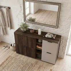 Mobile scarpiera 130x81h cm 2 ante 2 ribalte e vani a giorno tortora noce Raymonda