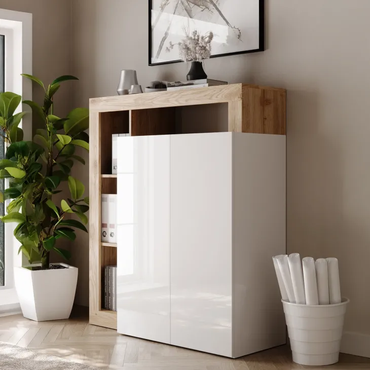 Mobile scrivania ufficio multiuso 108x127h cm con ripiano estraibile bianco lucido rovere Invictus