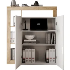 Mobile scrivania ufficio multiuso 108x127h cm con ripiano estraibile bianco lucido rovere Invictus