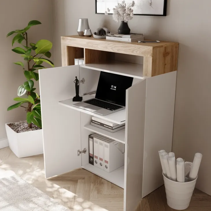 Mobile scrivania ufficio multiuso 108x127h cm con ripiano estraibile bianco lucido rovere Invictus