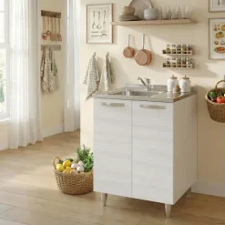 Mobile sottolavello cucina 60x86h cm multiuso con lavello acciaio inox 2 ante bianco frassinato Talise