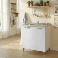 Mobile sottolavello cucina 80x86h cm multiuso con lavello 1 vasca sinistra acciaio inox bianco frassinato Talise