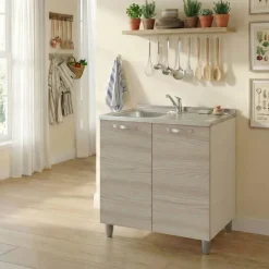 Mobile sottolavello cucina 80x86h cm multiuso con lavello 1 vasca sinistra acciaio inox rovere olmo Talise