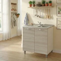 Mobile sottolavello cucina 80x86h cm multiuso con lavello 1 vasca destra acciaio inox rovere olmo Talise