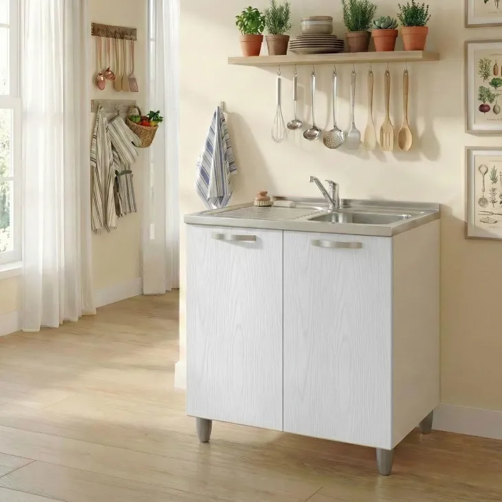 Mobile sottolavello cucina 80x86h cm multiuso con lavello 1 vasca destra acciaio inox bianco frassinato Talise