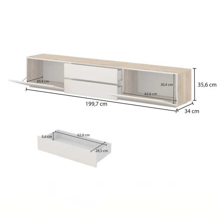 Mobile TV basso 200x36h cm 2 cassetti 2 ante a ribalta cashmere rovere Delia