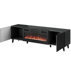 Mobile TV moderno 181x50h cm con caminetto elettrico cannettato antracite Essence
