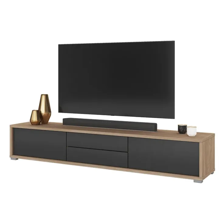 Mobile TV soggiorno sospeso 180x32h cm 2 ante a ribalta 2 cassetti antracite rovere Glem