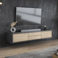 Mobile TV soggiorno sospeso 180x32h cm 2 ante a ribalta 2 cassetti rovere grigio Glem