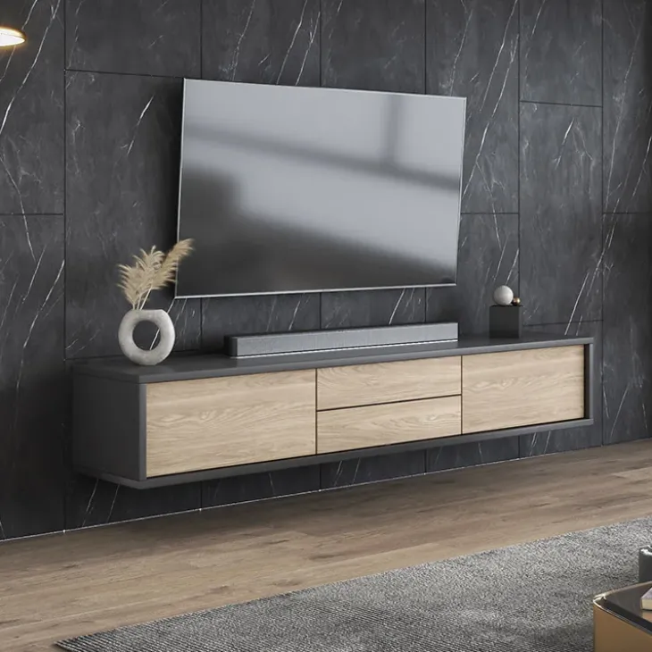 Mobile TV soggiorno sospeso 180x32h cm 2 ante a ribalta 2 cassetti rovere grigio Glem