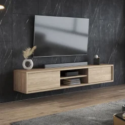 Mobile TV soggiorno sospeso 180x32h cm 2 ante a ribalta 2 vani rovere Glem