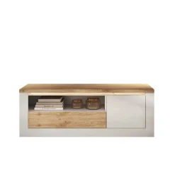 Mobile TV 160x58h cm 1 anta 1 cassetto con led bianco lucido rovere chiaro Istria