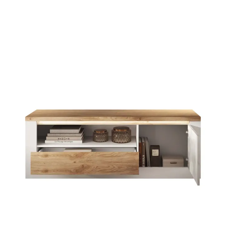 Mobile TV 160x58h cm 1 anta 1 cassetto con led bianco lucido rovere chiaro Istria