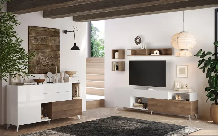Mobile TV 241x67h cm 2 ante 1 cassetto bianco lucido rovere scuro Witty