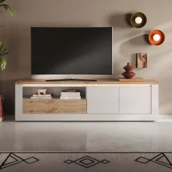 Mobile TV 207x58h cm 2 ante 1 cassetto con led bianco lucido rovere chiaro Istria