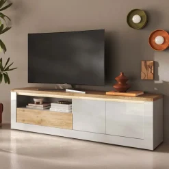 Mobile TV 207x58h cm 2 ante 1 cassetto con led bianco lucido rovere chiaro Istria