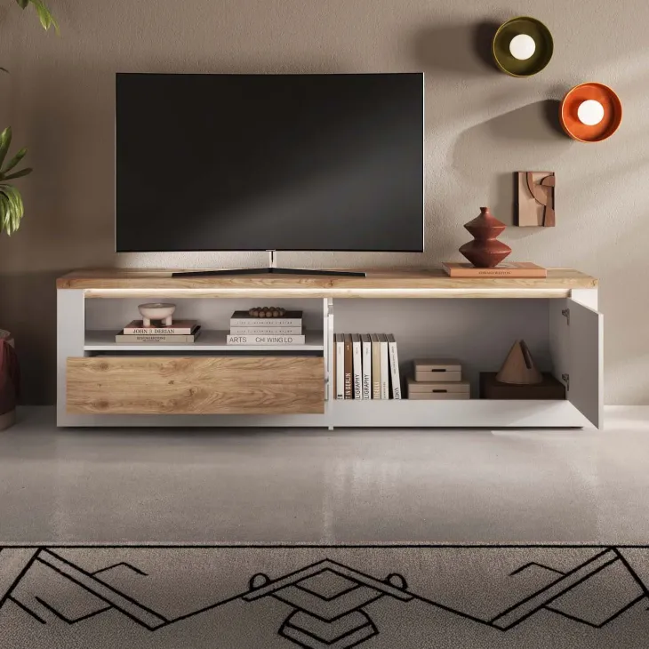 Mobile TV 207x58h cm 2 ante 1 cassetto con led bianco lucido rovere chiaro Istria