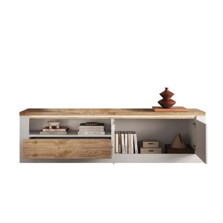 Mobile TV 207x58h cm 2 ante 1 cassetto con led bianco lucido rovere chiaro Istria